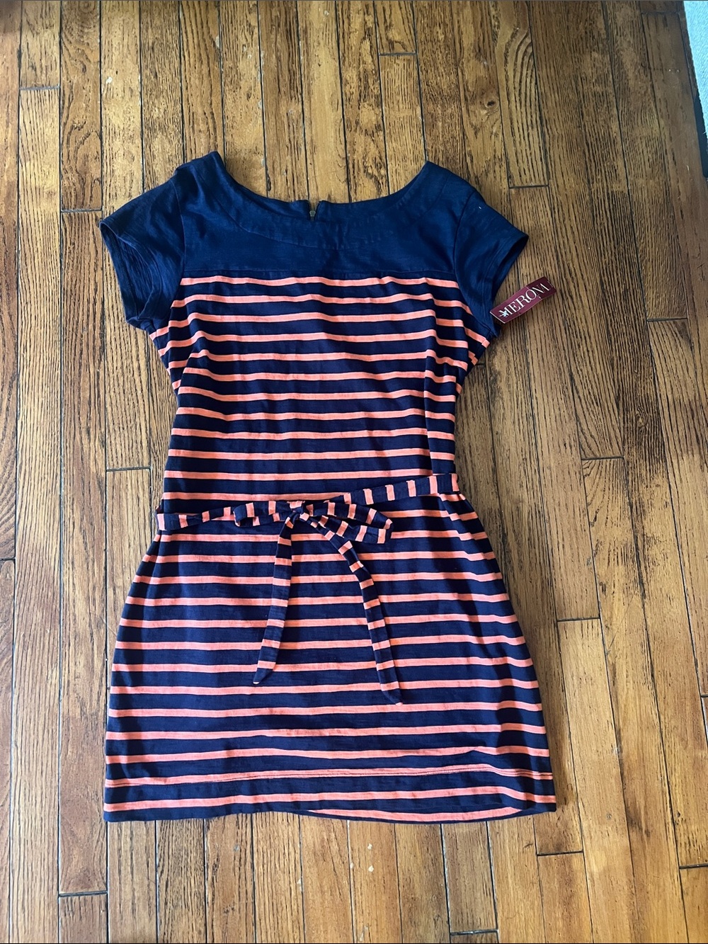 Merona Navy and Coral Striped Belted Dress